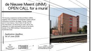[ID. Flyer announcing an open call for a mural at de Nieuwe Meent (dNM). Using a white background, it features a photograph of a red-brick residential building behind a railway platform, with overhead cables and bare trees in view. A faint rectangular outline marks the proposed mural location on the facade. Bold, sans-serif black typography highlights “OPEN CALL for a mural,” while subtle diagonal lines referencing the train cables add movement to the design. The logos of de Appel, Framer Framed, and If I Can’t Dance are listed at the bottom.