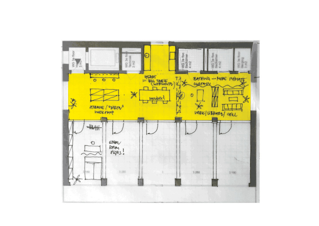 Animated sketches of a living-group floor plan, with the shared area marked in yellow