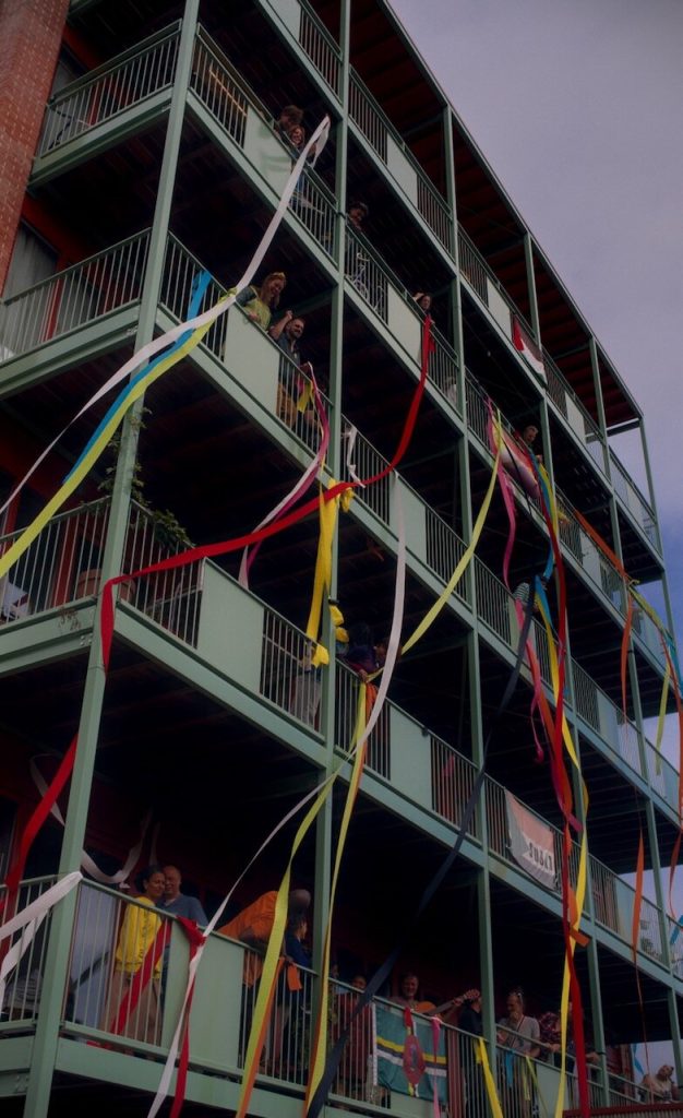 Opening party: coloured streamers flying down the tower