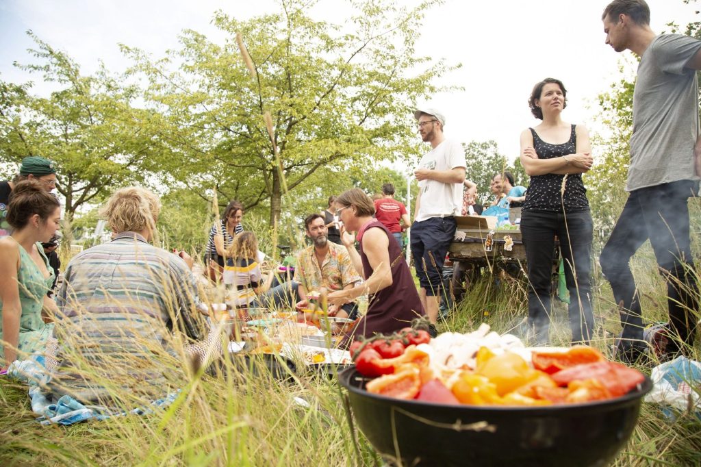 A summer picnic with a barbecue in the park
